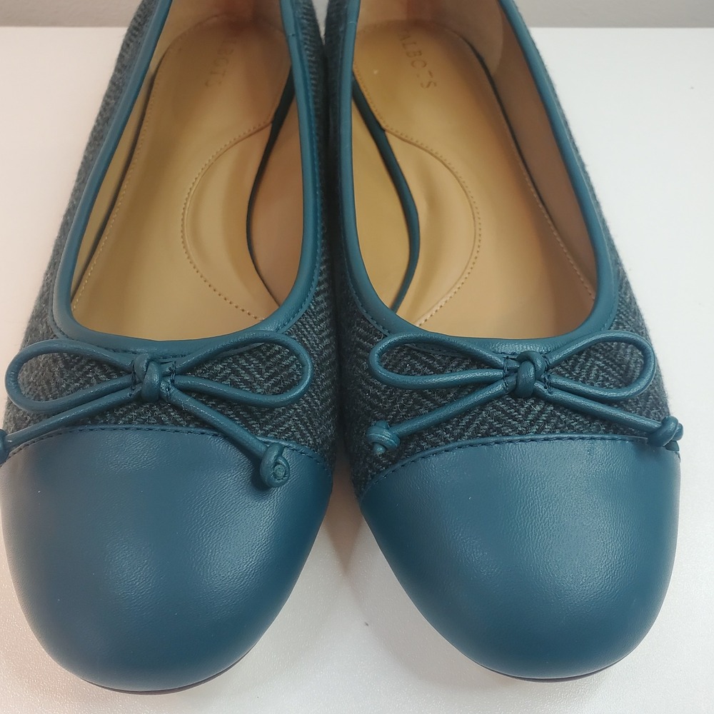 Talbots Teal Herringbone Wool Leather Cap Toe Ballet Flats Bow 10.5M - Picture 3 of 8